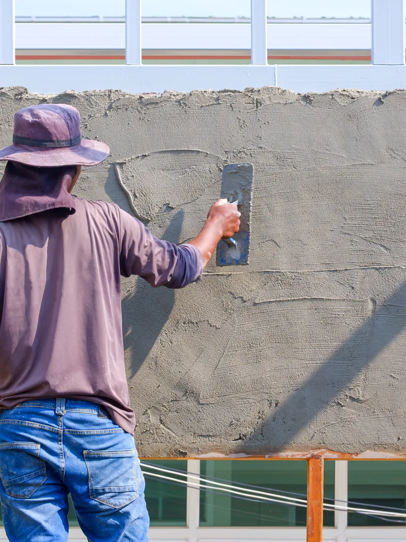 Plasterer applying a stucco finish coat to an exterior wall