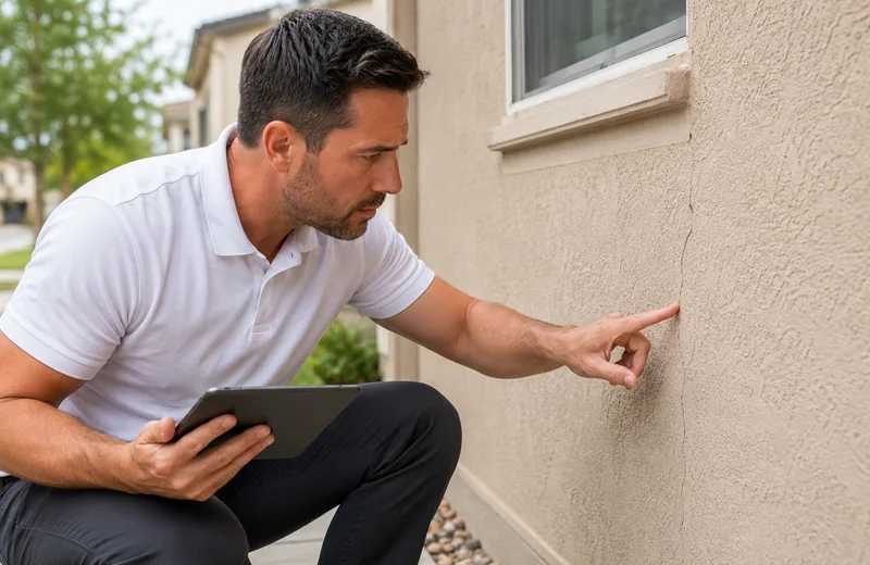 Contractor assessing a stucco wall during an on-site visit