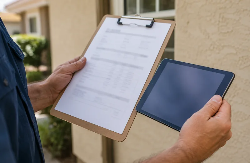 Written stucco scope and estimate on a clipboard