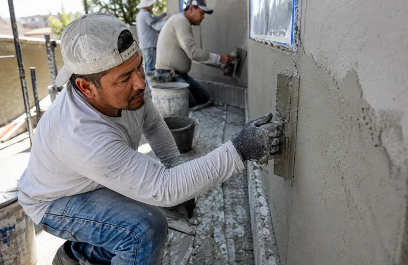 Crew applying a stucco finish coat to a wall