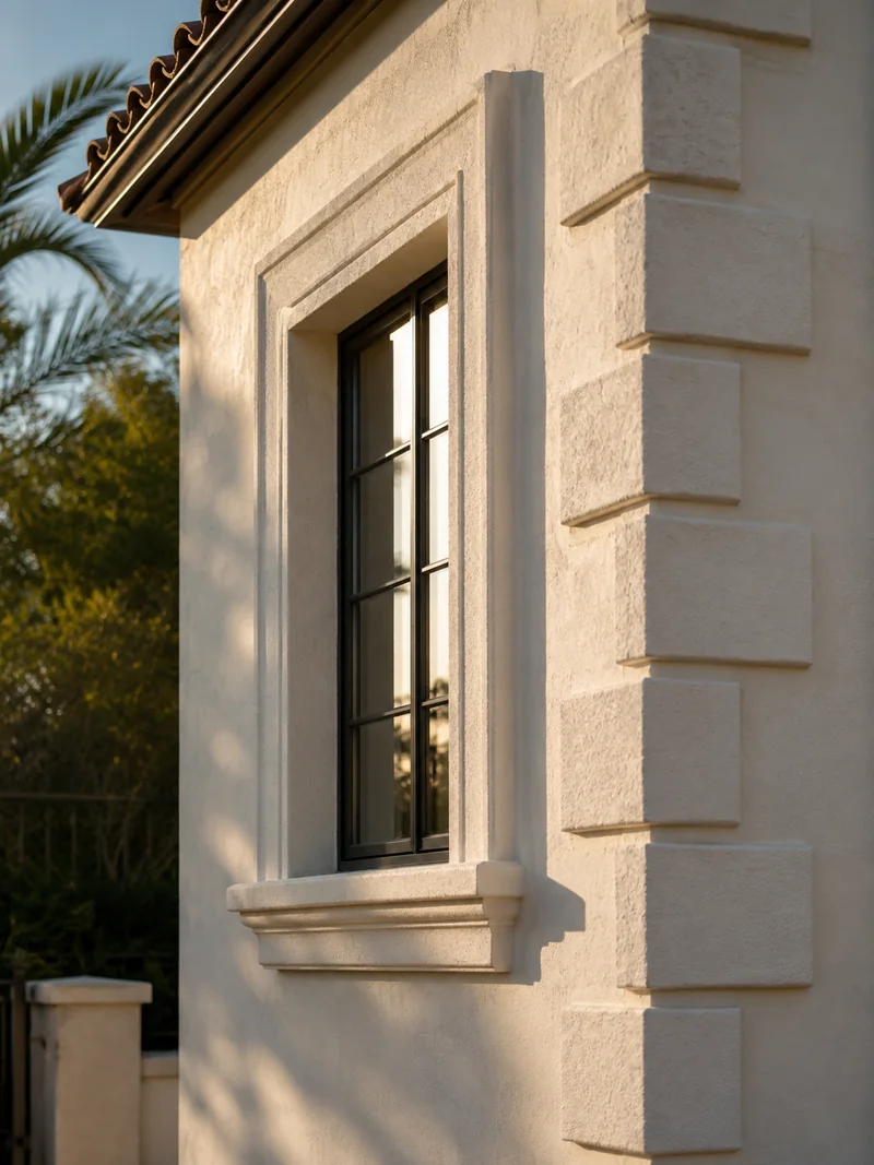 Decorative stucco window surround with molded trim and quoins