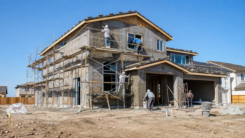 Stucco going up on a new building under construction
